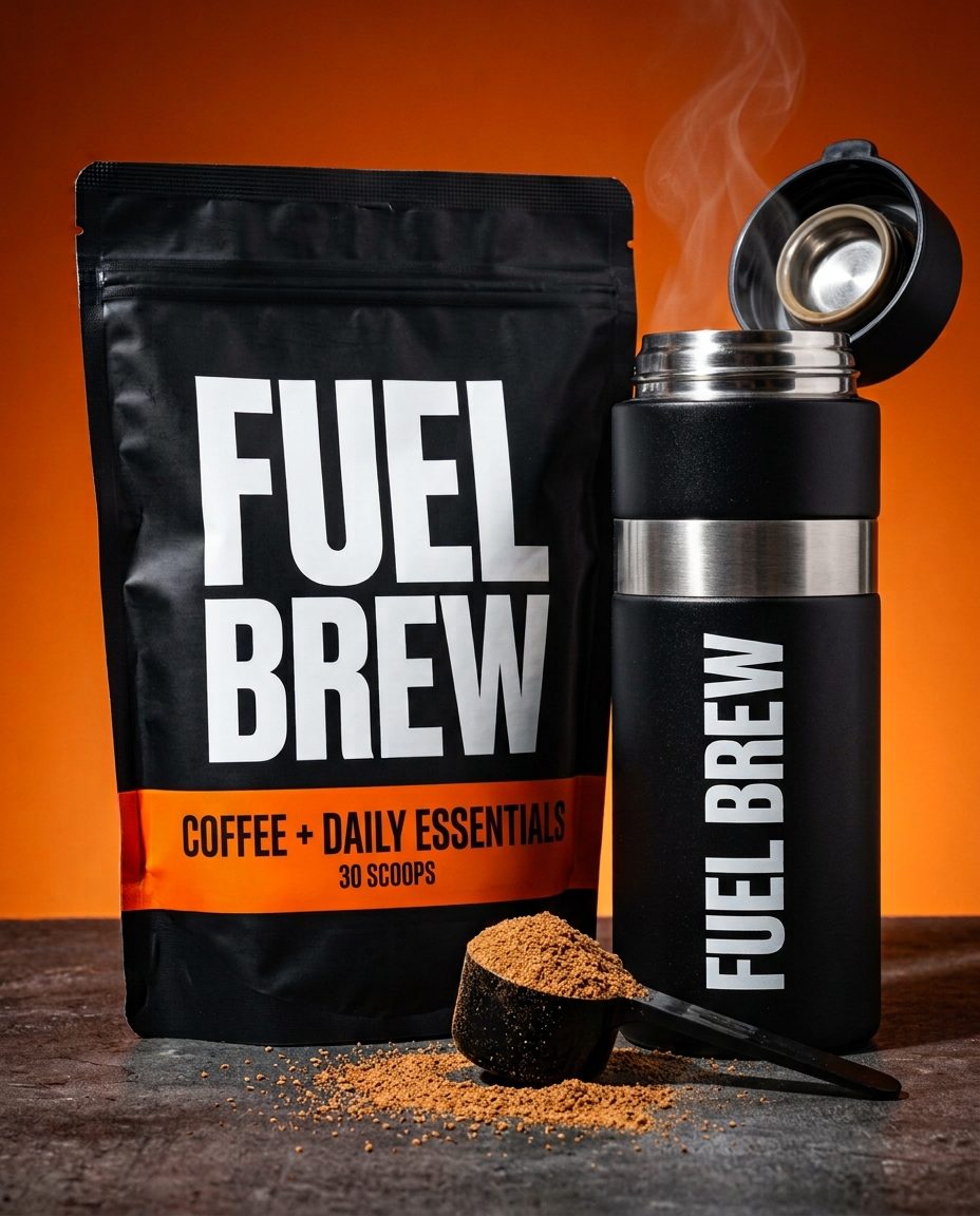Fuel Brew coffee and daily essentials pouch, a steaming Fuel Brew travel flask, and a full scoop of powder